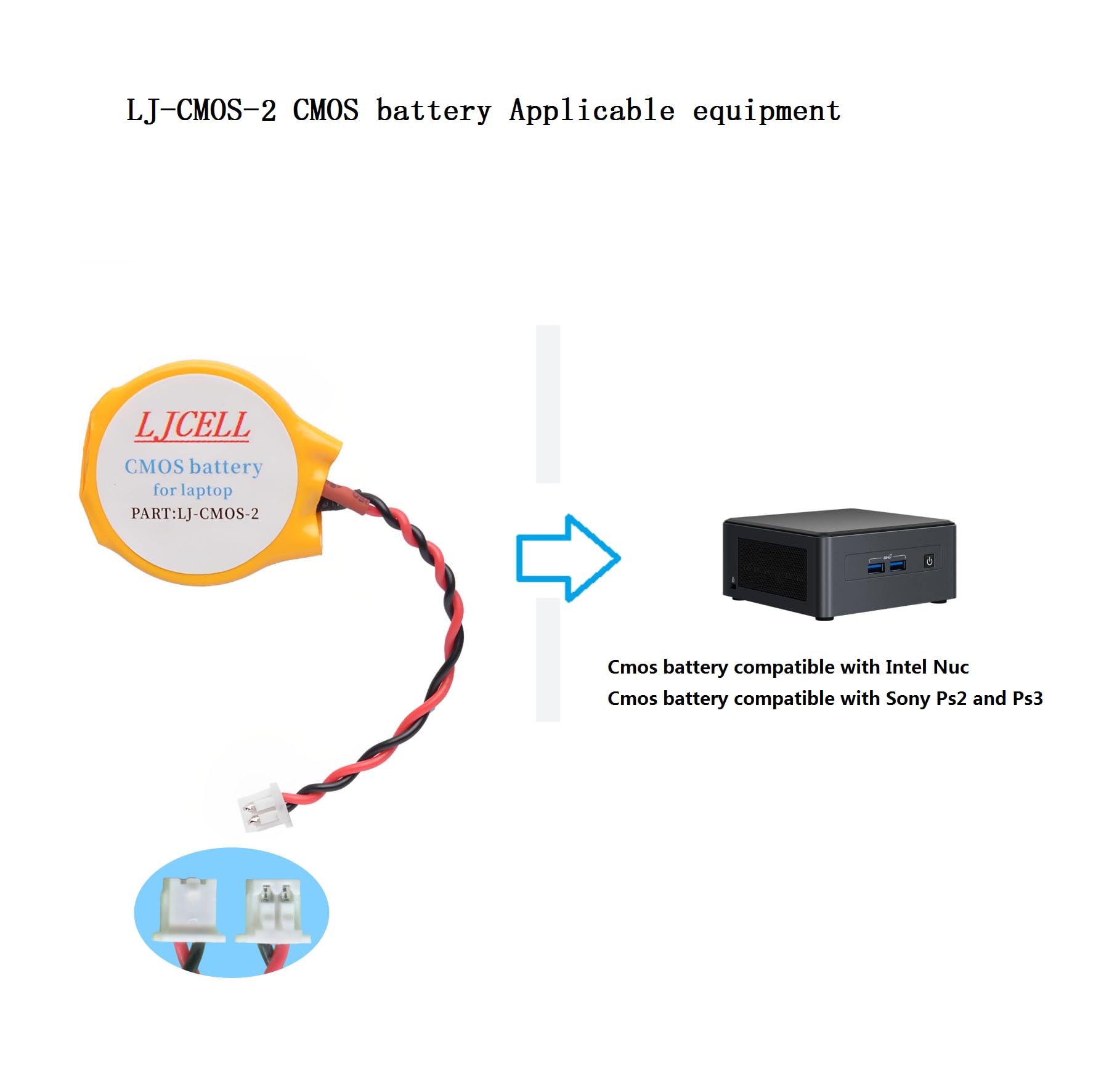 LJCELL Cmos Battery Compatible with Intel Nuc 5PPYH for Ps2 and Ps3 for PlayStation 2 and PlayStation 3 Backup Bios Rtc Cr2032 Battery with 2 Wire Cable and Connector