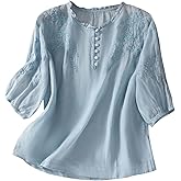 KOSEXMA Linen Shirt for Women Flowy Embroidered Cotton Peasant Tops 2025 Elbow Sleeve Cute Boho Tunic Dressy Blouses