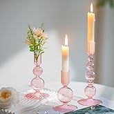 Hewory Glass Candlestick Holders Set: 3PCS Pink Candle Holder Taper Candle Holders Bulk, Crystal Ribbed Candle Sticks Holder Decor for Table Centerpiece Wedding Christmas Thanksgiving Dinner
