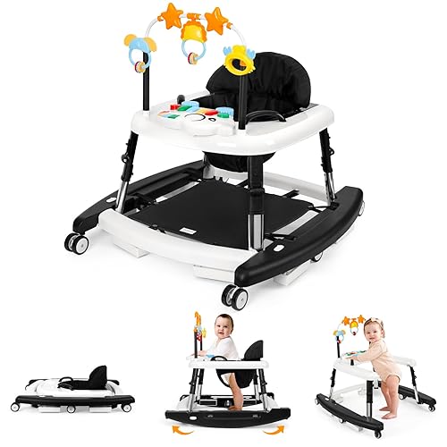 Wolfcode 5-in-1 Music and Lights Baby Walker Foldable with 5 Adjustable Heights, Baby Walker with Wheels and Bouncer Combo Portable, Infant Toddler Walker for Baby Boy Girls 6-18 Months