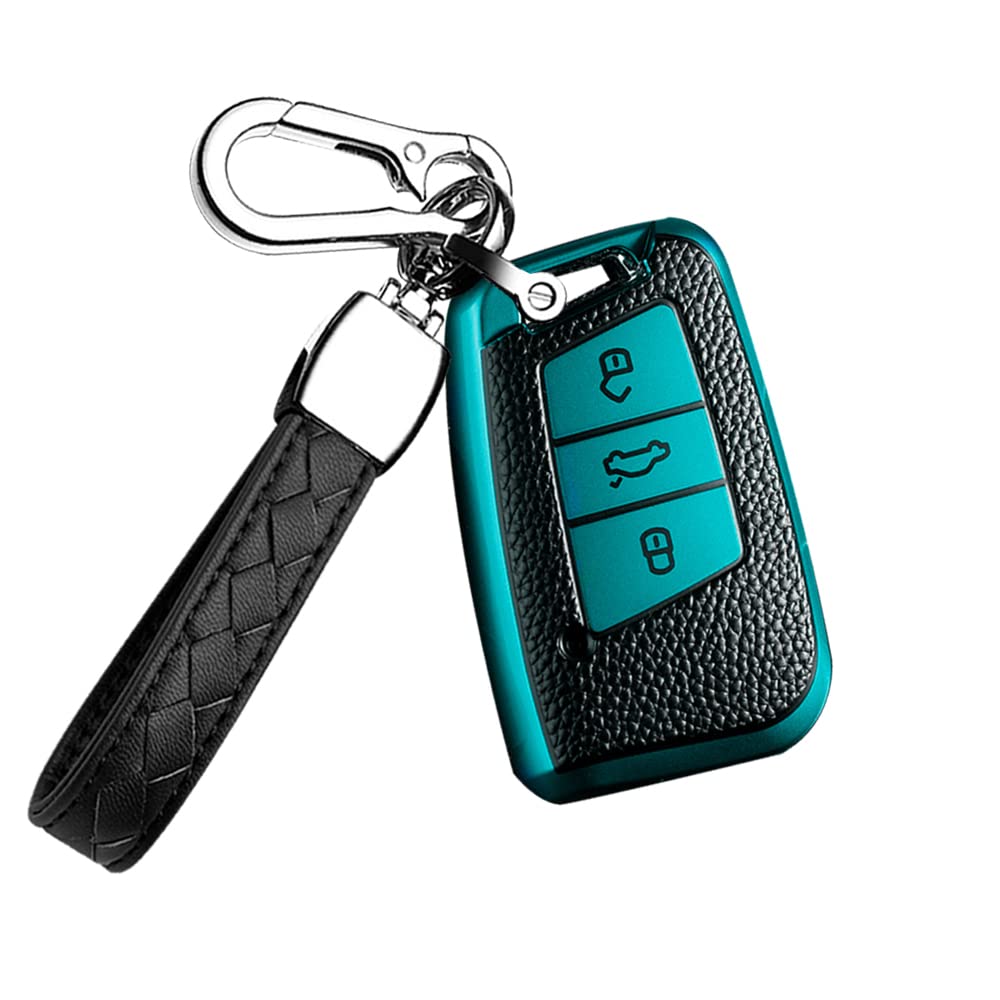 HIBEYO Smart Car Key Case Fits VW Key Cover Protective Case for Golf 7 Polo Passat T-Rock Skoda Seat 3 Buttons Remote Control Accessories Key Fob 3 Buttons TPU Leather Texture Green