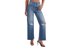 Allimy Women's High Waisted Straight Ankle Wide Leg Ripped Jeans Frayed Hem Stretchy Capri Denim Pants
