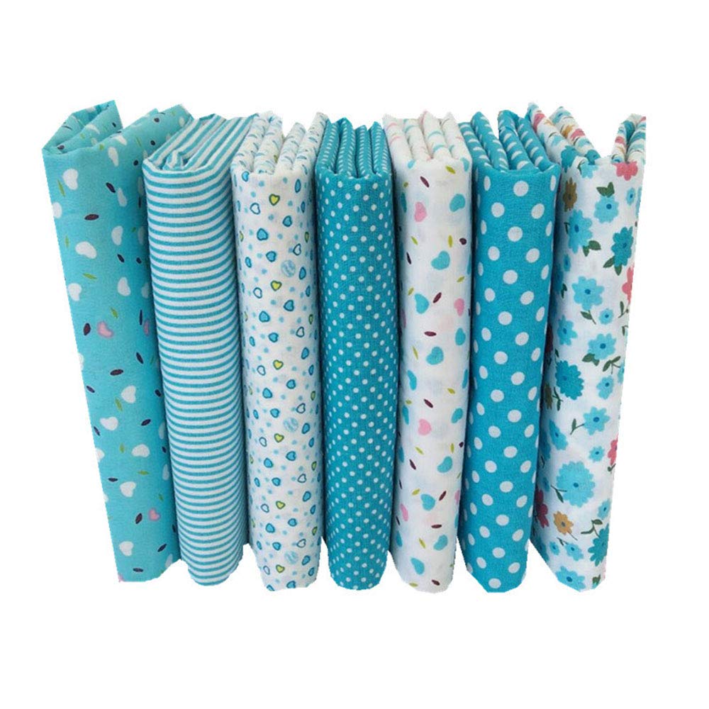 Gece Quilting 7pcs 20x20 Inches (50cmx50cm) Cotton Fabric Squares - 7 Patterns Aqua Blue Sewing Floral Flowers Love Heart Stripe Dots Precut Sheets for Craft Patchwork
