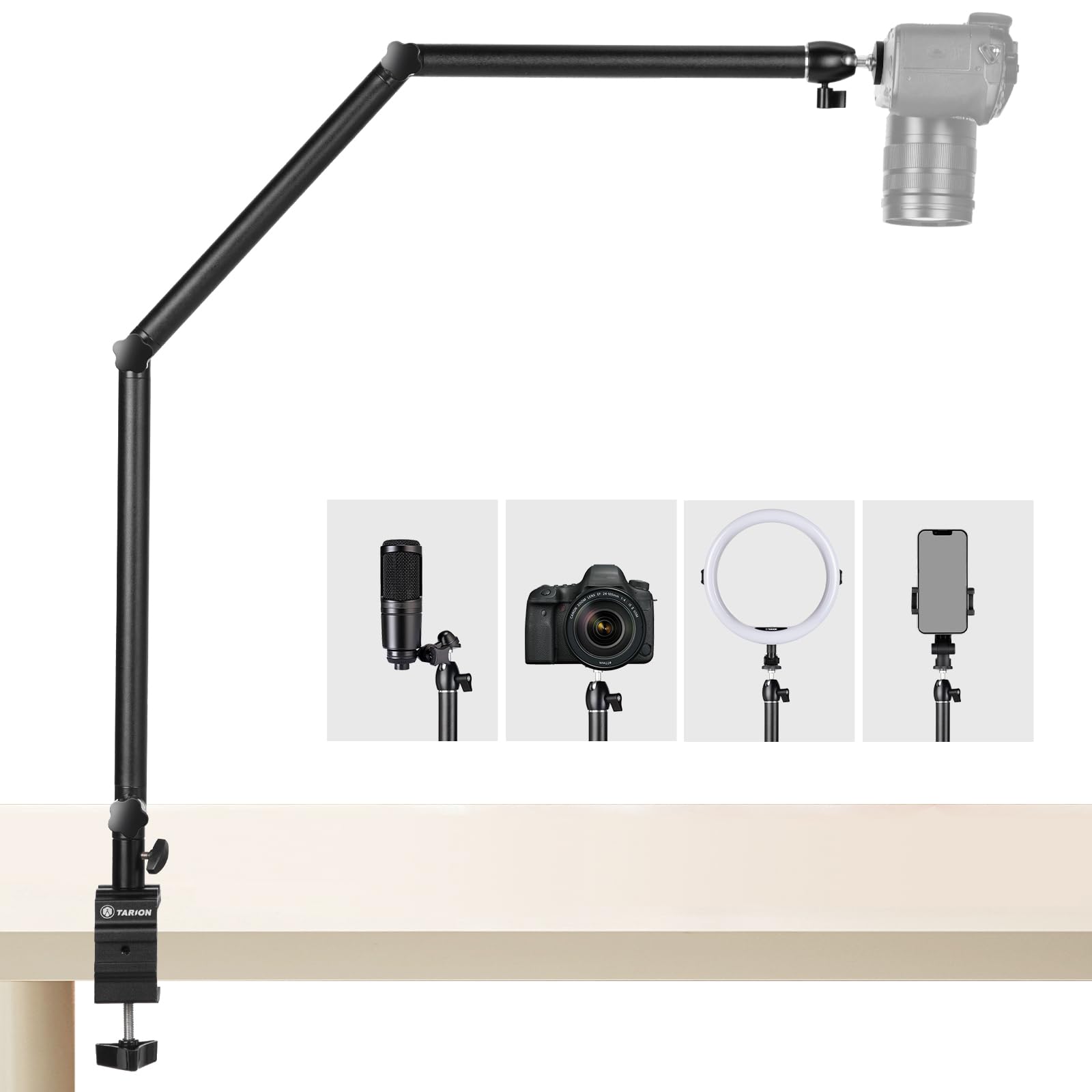 TARION Camera Desk Mount Stand - Overhead Camera Articulating Arm Adjustable Heavy Duty Tabletop DSLR Stand with 1/4" Screw Ballhead C Clamp for Photography Videography Live Streaming TKB01 — image 1