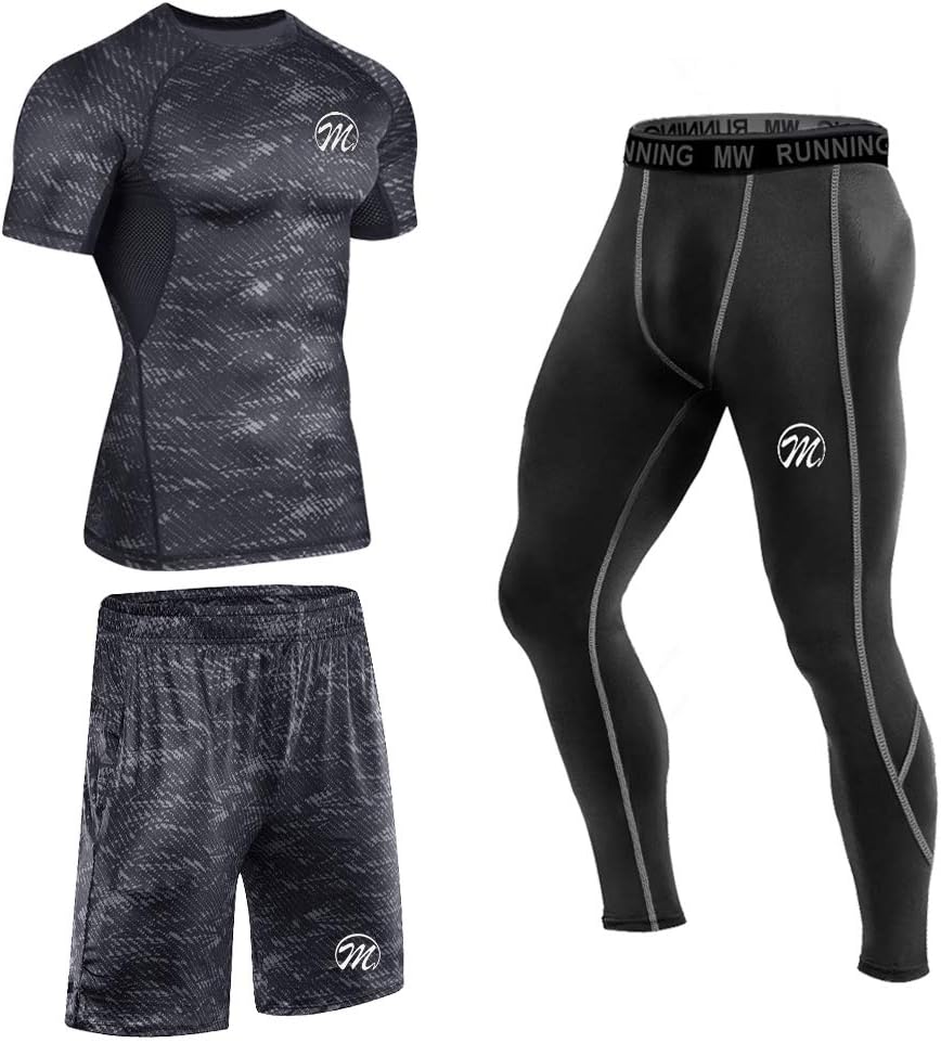 Men’s Compression Underwear Set, Quick Dry Sports T Shirt, Gym Leggings for Running Cycling, Base Layers Tights with Loose Fitting Shorts