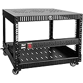 RIVECO 6U Network Rack with Wheels for Server, Stereo Open Frame Cabinet with Vented Top & Bottom Covers, Round Holes Posts S