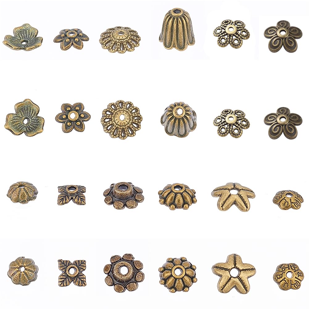 SUNNYCLUE 1 Box 240Pcs 12 Style Bead Caps Jewellery End Caps Flower Bead Cap Tibetan Style Alloy End Cap Bali Style Beads for Jewellery Making DIY Necklace Bracelet Craft Supplies Antique Bronze
