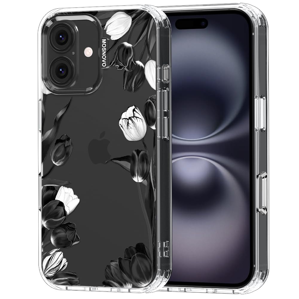 MOSNOVO Case for iPhone 16, [Buffertech 6.6ft Military-Grade Drop Protection] [Anti Peel Off Tech] Clear TPU Bumper Phone Case Cover Design - Black White Tulips