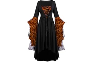 FARTEY Halloween Dress for Women Lace Vneck Bell Sleeve Witch Dress Plus Size Vintage Gothic Victorian Dresses Costumes