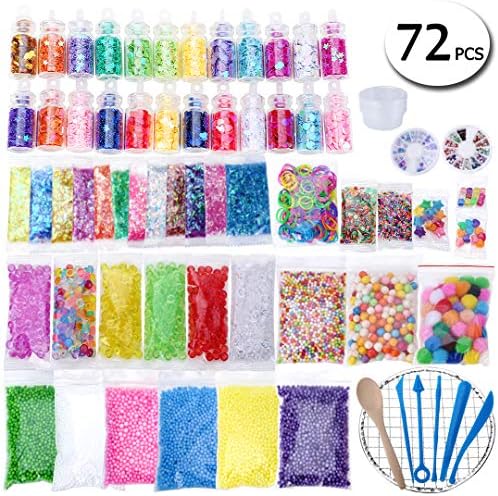 72pcs Slime Accessories Kit, Supplies Kit Including Fishbowl Beads, Wobbly Eyes, Shell, Slices, Confetti, Foam Beads, Slime Tools, Imitation Gold Leaf Containers for DIY Homemade (Contain No Slime)