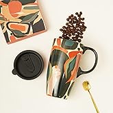 TZSSP Coffee Ceramic Mug Porcelain Latte Tea Cup With Lid 17oz. Orange