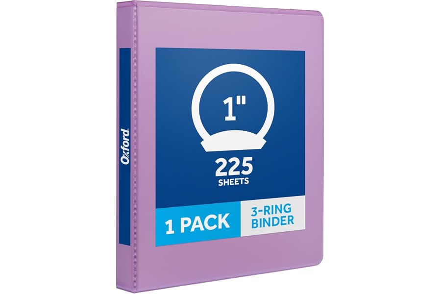 Oxford 1 Inch 3 Ring Binder, Purple, Holds 225 Sheets, 2 Pockets | Round rings, clear view covers for custom inserts. PVC free, non stick.