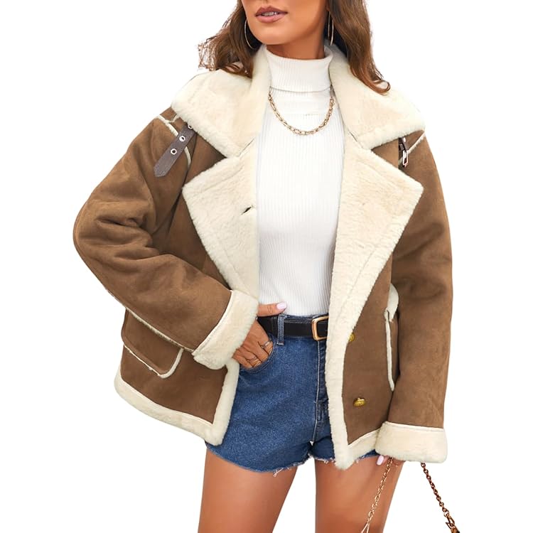 Women's Winter Lapel Collar Faux Suede Coat Long Sleeve Jacket