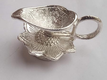 indoselection Silver Metal Chirag Diya for Pooja or Puja Deepak Article (4X3 inch, Silver)