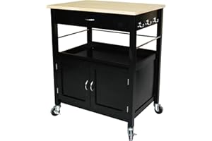 eHemco Kitchen Island Cart on Wheels with Drawer, Storage Cabinet, Shelf and Natural Bamboo Top Butcher Block, Black Base