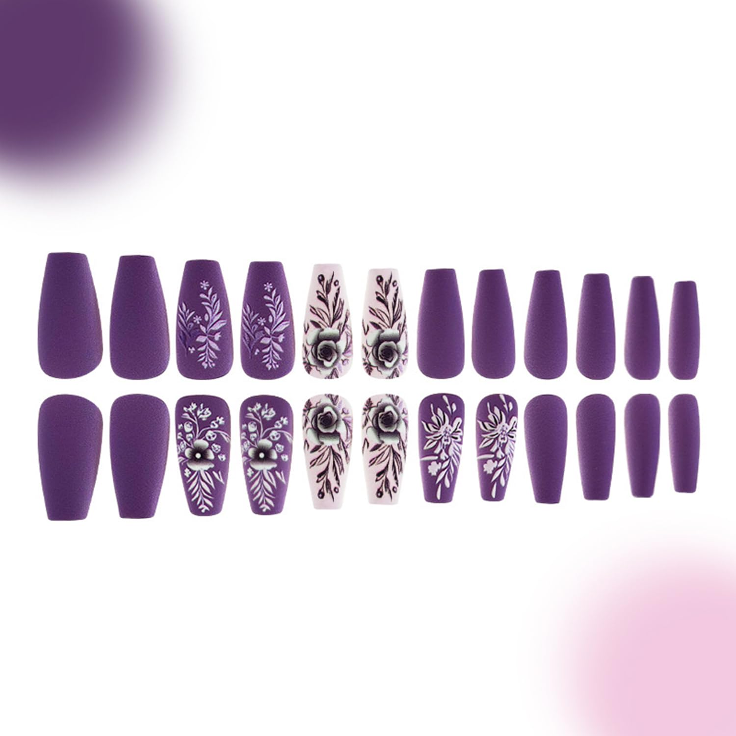 Medium Press on Nails Coffin Fake Nails Purple Acrylic Nails Medium Coffin Embossed Flowers Nails Press ons with Design Winter Press on Nails Matte Stick on Nails for Women Manicure Decorations 24 pcs - Image 4