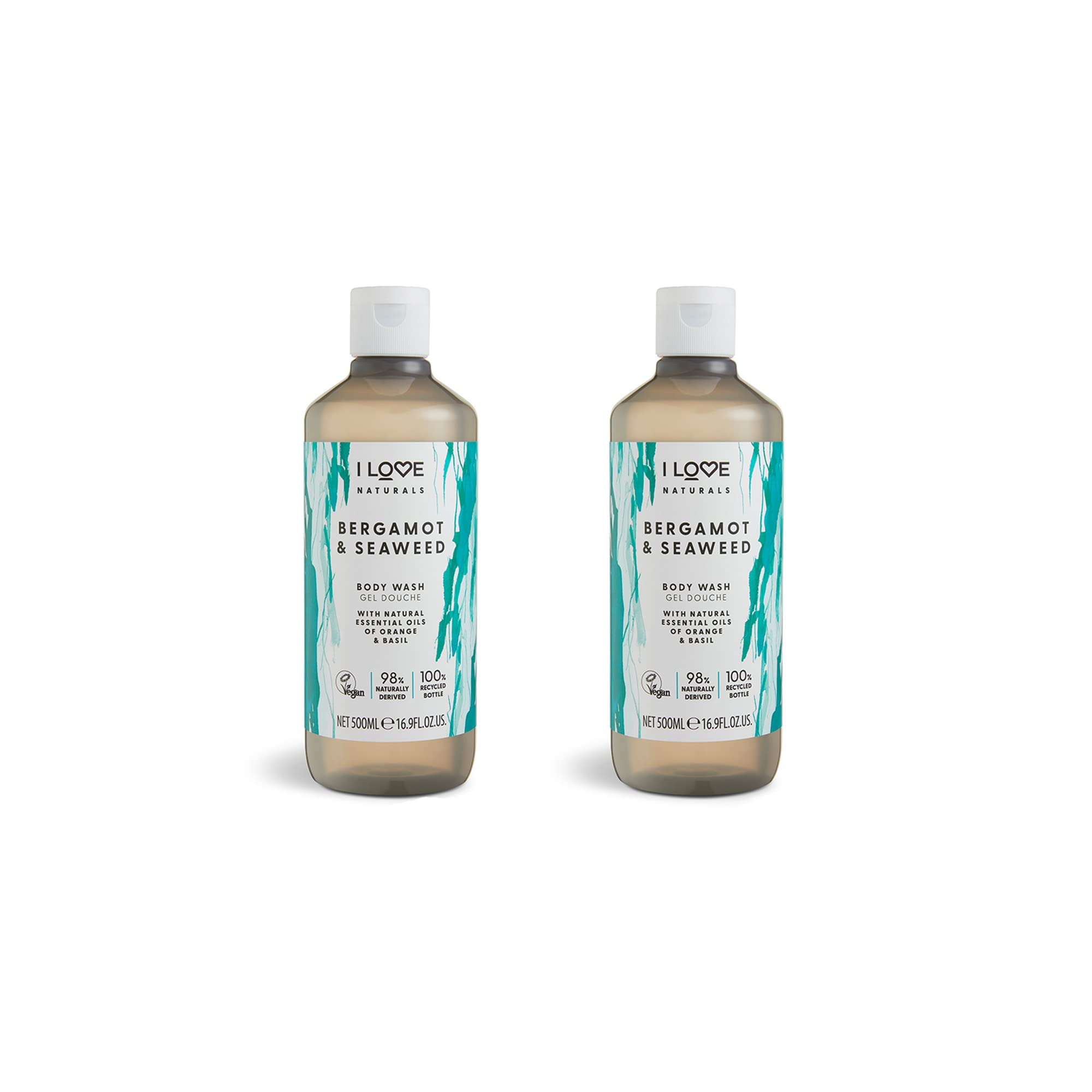 I Love Naturals Bergamot & Seaweed Body Wash – With Orange & Basil Essential Oils – Gently Cleanses & Moisturises – Silky Smooth Skin Formula – Vegan & Cruelty-Free Shower Gel 2 x 500ml
