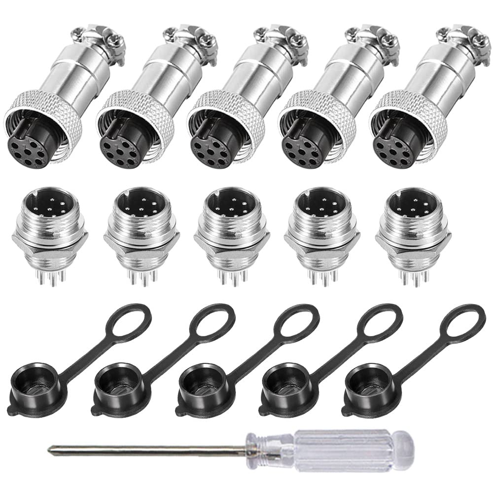 Aiqeer 5 Pcs 7-Pin GX12 Aviation Connector, 12 mm Thread Panel Metal Aviation Cable Connector, 5A Male Female Aviation Connector Plug Socket Kit, with Rubber Cap and Phillips Screwdriver