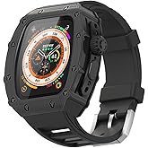 Luxury Case for Apple Watch Ultra 3/2/1 49mm FKM Band, Rugged Bumper Metal Cover + Built-in Glass + Fluoroelastomer Strap for Men's Heavy Duty iWatch Series 49mm Protective Case (49MM, Black)