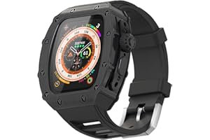 HUALIMEI Luxury Case for Apple Watch FKM Band 49mm, Rugged Bumper Metal Cover + Built-in Glass + Fluoroelastomer Strap for Men's Heavy Duty iWatch Series Ultra 2 49mm Protective Case (49mm, Black)