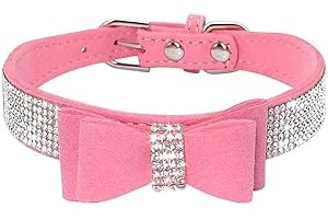 Haoyueer Small Dog Collars for Female Dogs, Cute Bling Rhinestone Crystal with Bow Tie Glitter Diamond Bowtie Puppy Collars for XXS XS Small Medium Large Pet Girls Dogs Cats(M, Pink-1)