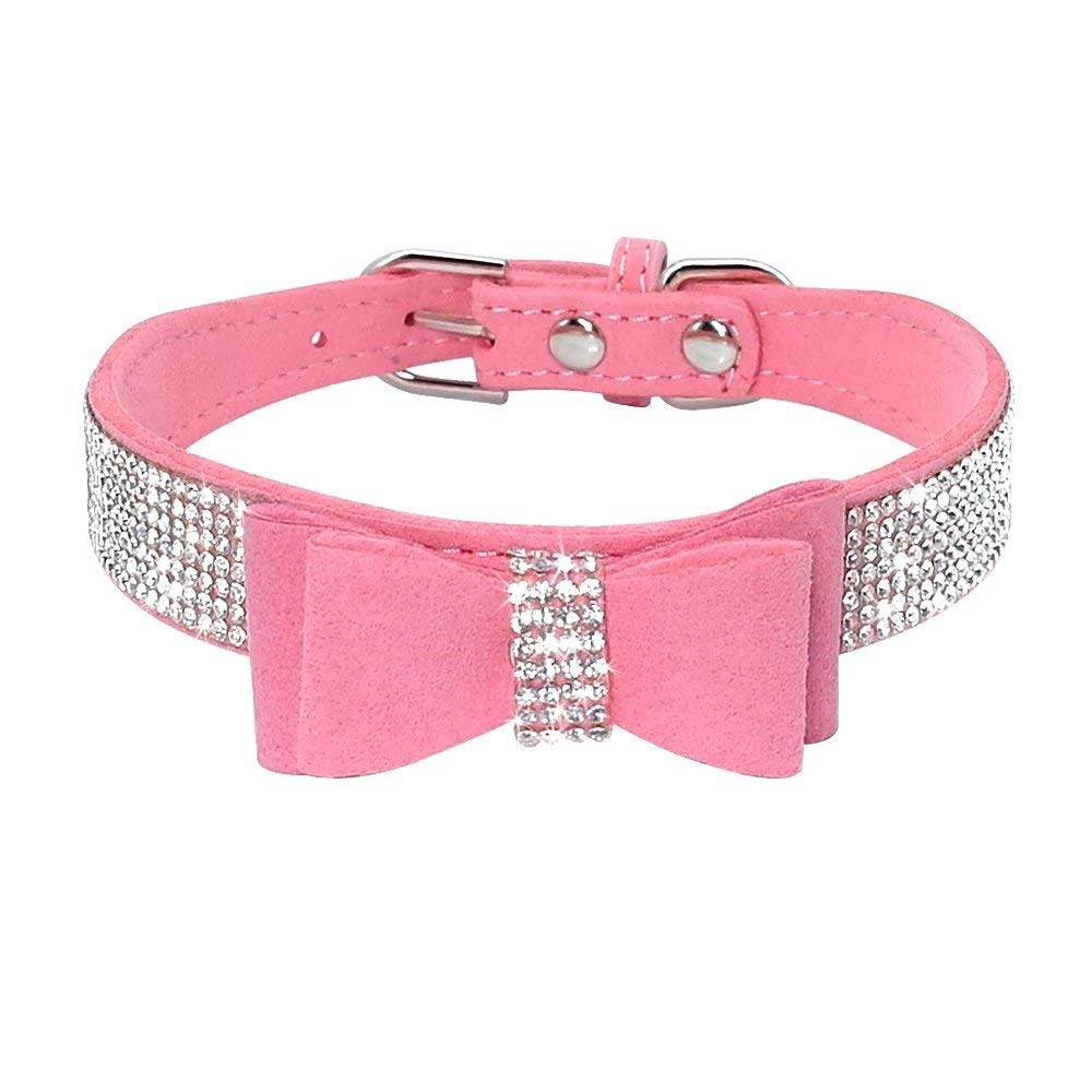 Haoyueer Rhinestone Dog Collar, Cute Dazzling Sparkling Soft Suede Leather Dog Cat Rhinestone Collar Crystal Diamond Pet Dog Puppy Collar (XS, Pink-1)
