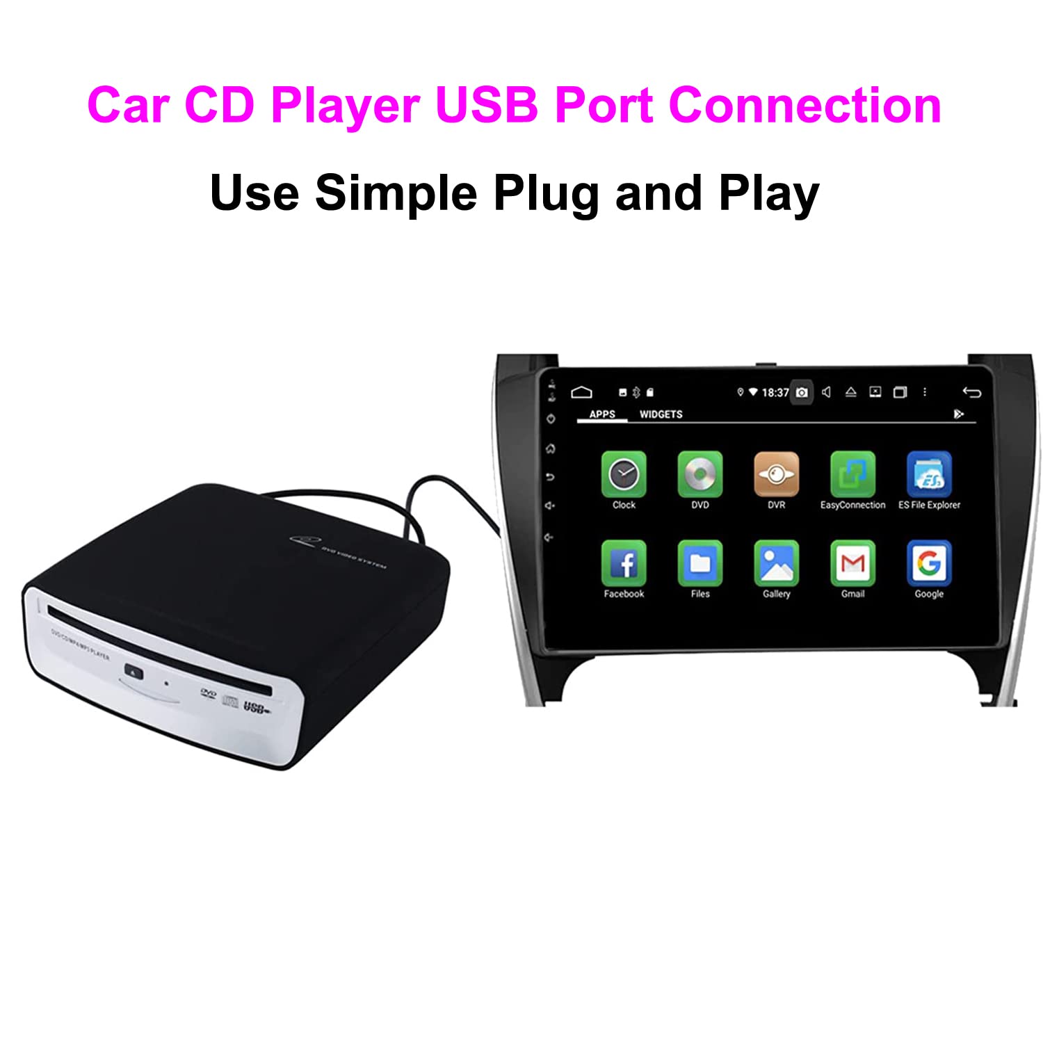 External Car Universal CD Player Machine, Vehicle External USB CD Player for Car Android Navigation-Plug and Play(Android Version 4.4 and Above)
