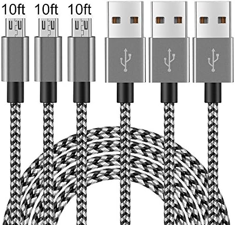 Ama Forest 3Pack 10FT Long Premium Nylon Braided Micro USB Cable Android Windows Charger Cord USB2.0 Sync Fast Charging PowerLine for Samsung Galaxy S7 S6 Sony LG Smartphones Black Gray