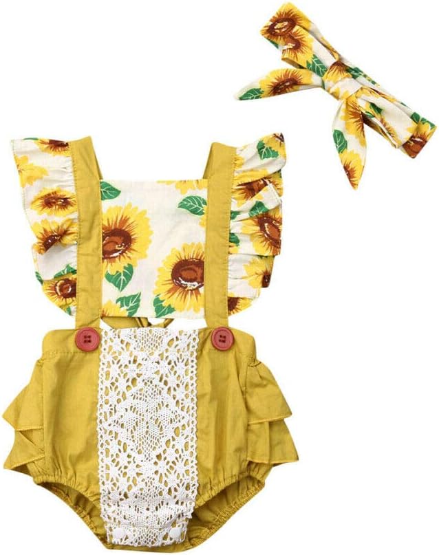 kydely2PCS Kid Baby Girl Sunflower Lace Romper+Headband Set Butterfly Sleeve Floral Summer Clothes 0-24M