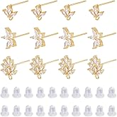 DICOSMETIC 12Pcs Cubic Zirconia Earring Stud Finding 18K Gold Plated Flower Earrings Post with Loop and 40Pcs Ear Nuts Rhinestone Earring Posts Brass Earring Studs for Earring Making, Pin: 0.8mm