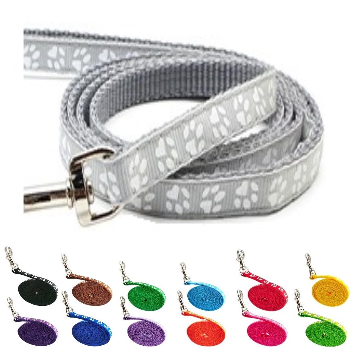 Small Dog Puppy Pet Cat Kitten Lead Pawprint Design Lightweight Nylon Metal Clip 120cm Leash Silver Light Grey