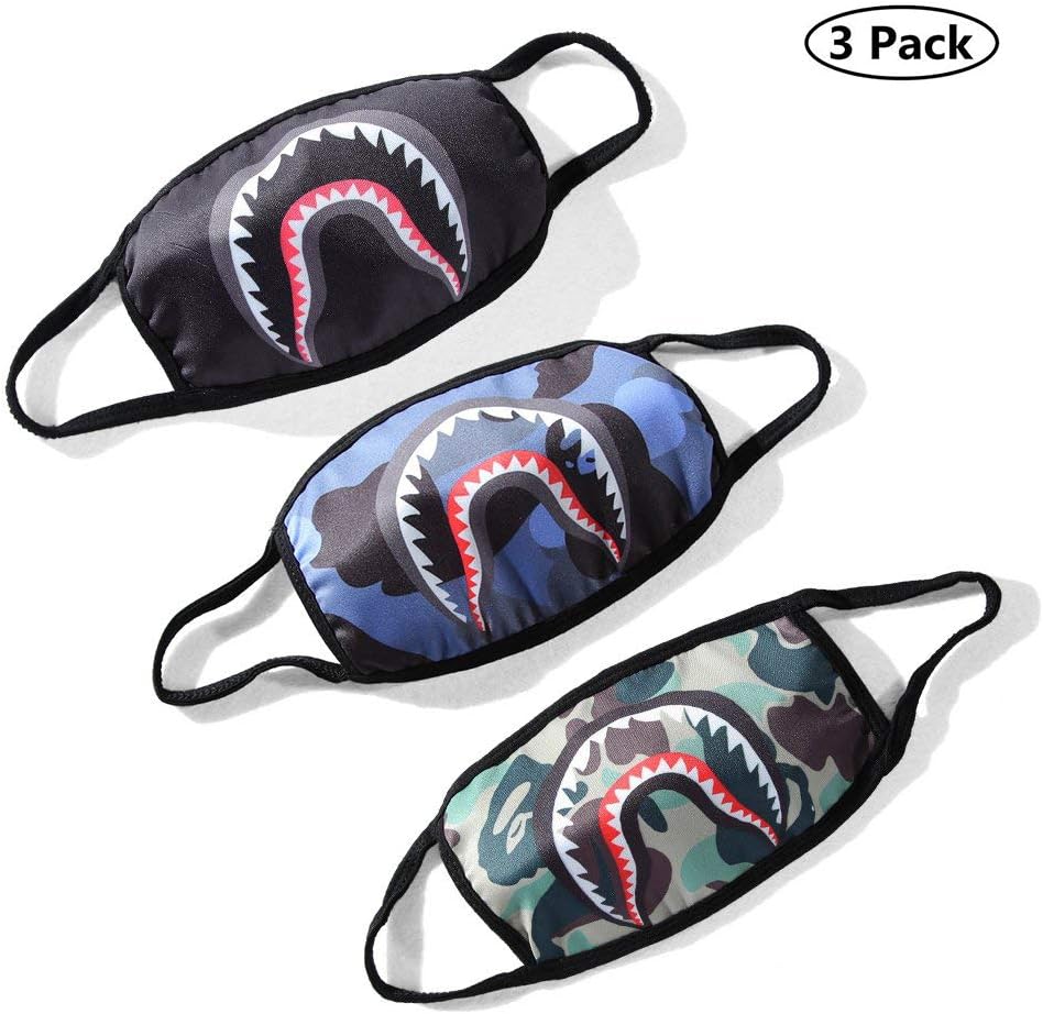 Bape Shark Face Mask for Boys, Grils, Kids and Adults- 3 Pack Anti-Dust Cotton Half Face Mouth Masks Pollution Mask for Ski, Cycling, Camping, Shopping, Halloween, Christmas (1)