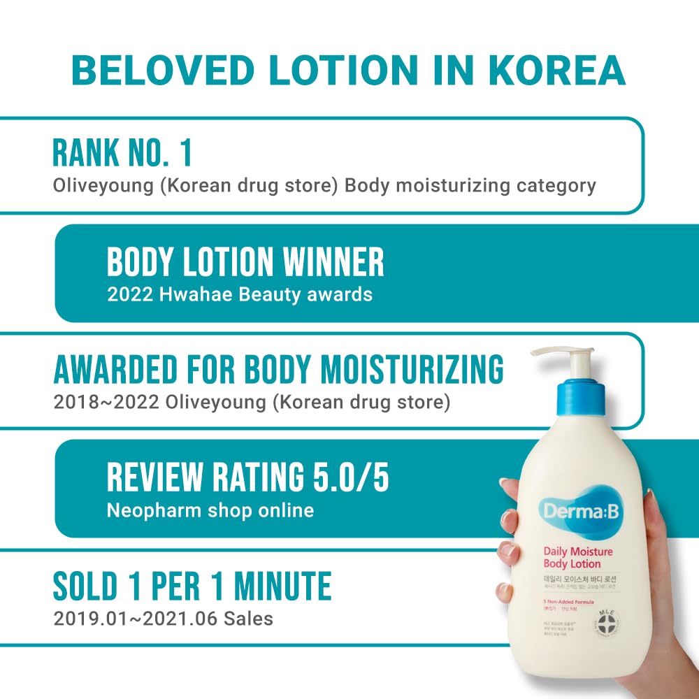 Derma B Daily Moisture Body Lotion | Body Cream for Dry Skin | Long-Lasting Body Moisturizer for Sensitive Skin | Woody & Powdery Scented | Skincare with Panthenol, Shea Butter | 13.5 fl oz (400ml)