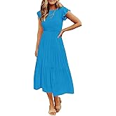 ZESICA Women's 2026 Summer Casual Flutter Short Sleeve Crew Neck Smocked Elastic Waist Tiered Midi Dress