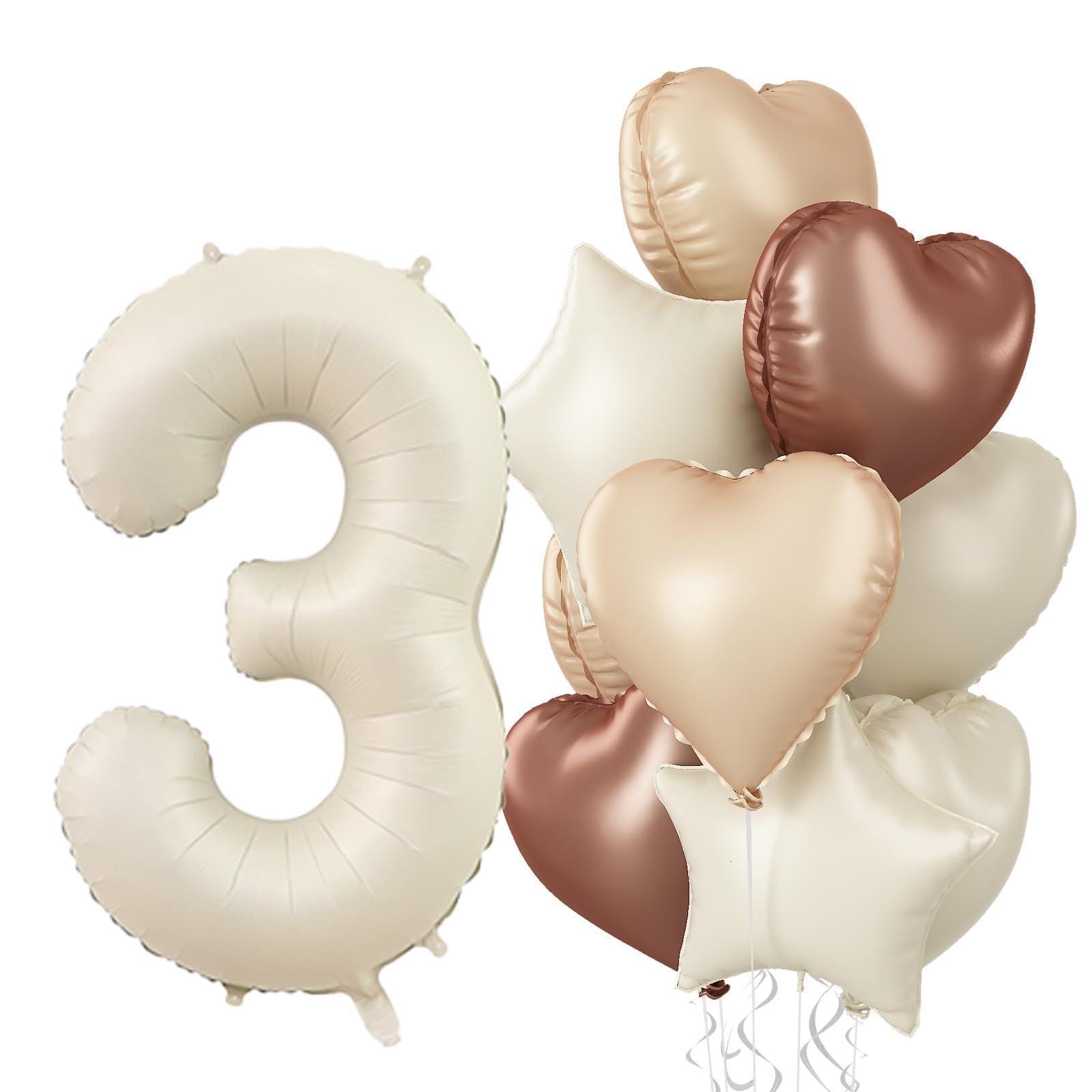 Photo 1 of 3rd Birthday Balloons for Girls, Large Foil Beige Cream Sand White Neutral 3 Balloon, Nude Tan Apricot Brown Helium Heart Star Balloon for Boys Kids Birthday Wedding Anniversary Party Boho Decoration