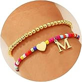 Ritach Colorful Beaded Initial Bracelets for Girls Kids - 2PCS Gold Cute Heart Initial Bracelet Stackable Gold Beaded Bracelet Stretchable Boho Initial Bracelets for Teen Girls Kids Birthday Gifts