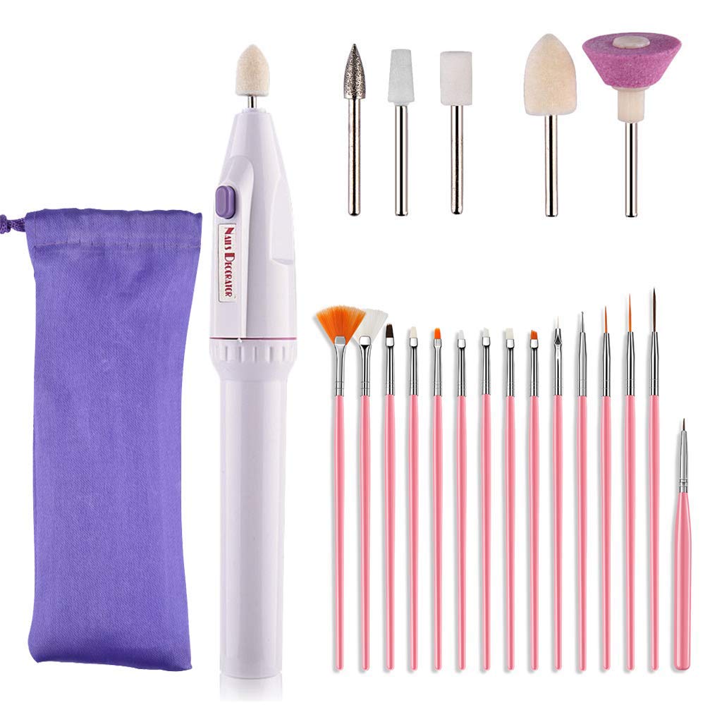 Electric Nail Drill, Portable 5 in1 Nail File Pedicure Manicure Drills Grinding Machine Nail Buffing Tools Design with 15 Packs Nail Art Tips Builder Brush Nail Painting Brush