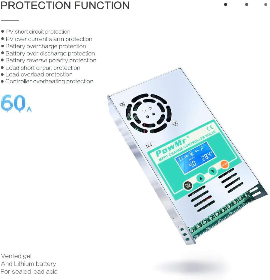 PowMr MPPT Charge Controller 60 amp 48V 36V 24V 12V Auto - Max 190VDC Input LCD Backlight Solar Charge for Vented Sealed Gel NiCd Lithium Battery【Software Update Version】(MPPT-60A) : Garden & Outdoor