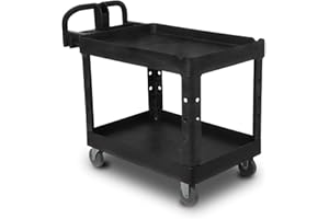 MOVECOM Commercial Utility Service Carts Work Cart with Wheels, 2 Shelf 550LBS Heavy Duty Plastic Rolling Utility Cart with 360° Swivel Wheels, Ergonomic Storage Handle for Warehouse/Garage/Cleaning/Business