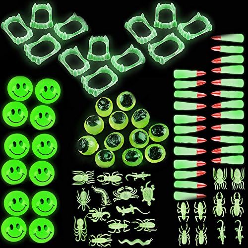 Glow in the Dark Party Supplies and Favors for 12 Kids | 84-Piece Set | Birthday Toys with Vampire Fangs, Martian Fingers, Gooey Sticky Eyes, Fake Insects, and Balls