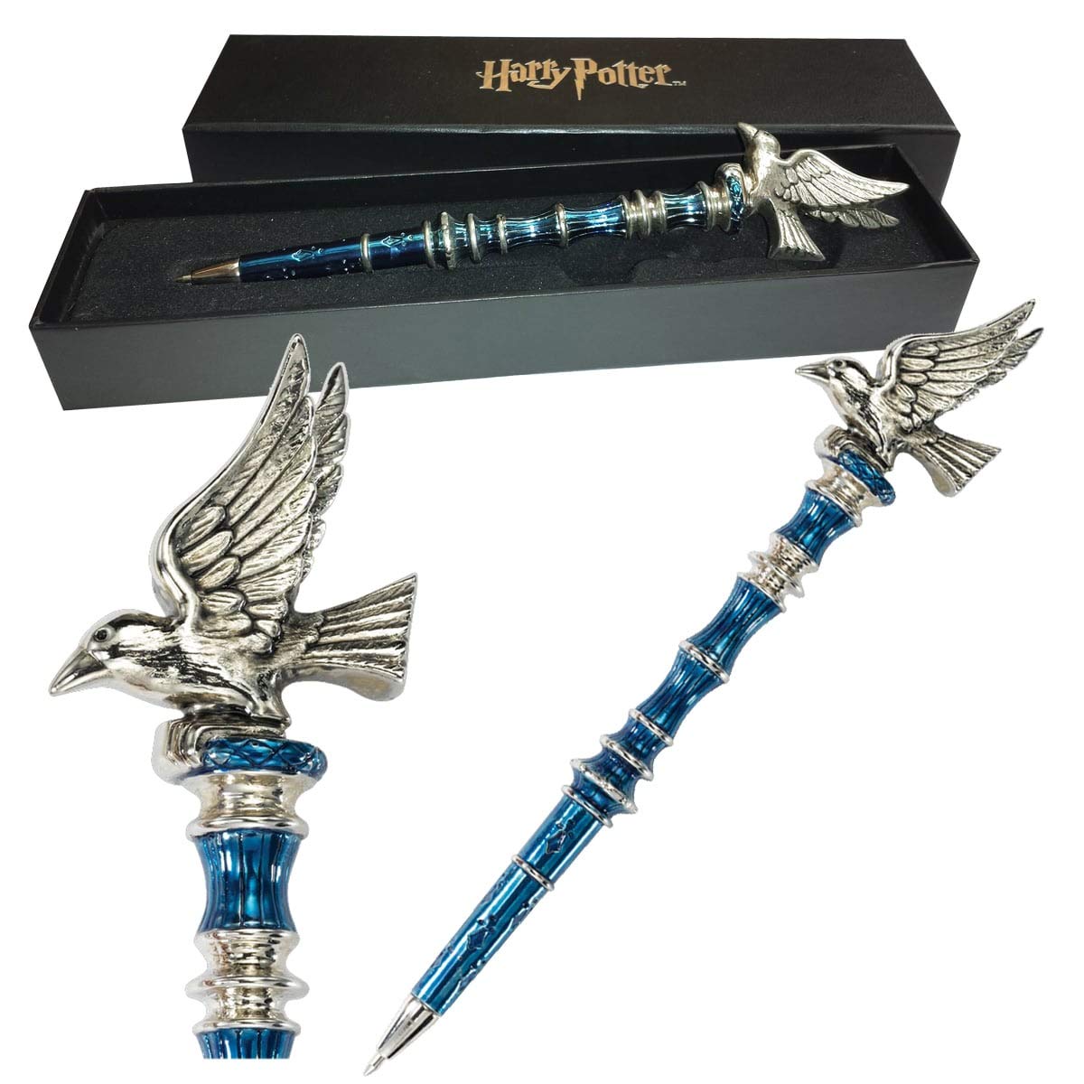 The Noble Collection Harry Potter Silver-Plated Ravenclaw Pen - 8in (21cm) Topped With Ravenclaw Raven House Mascot - Officially Licensed Film Set Movie Props Gifts Stationery