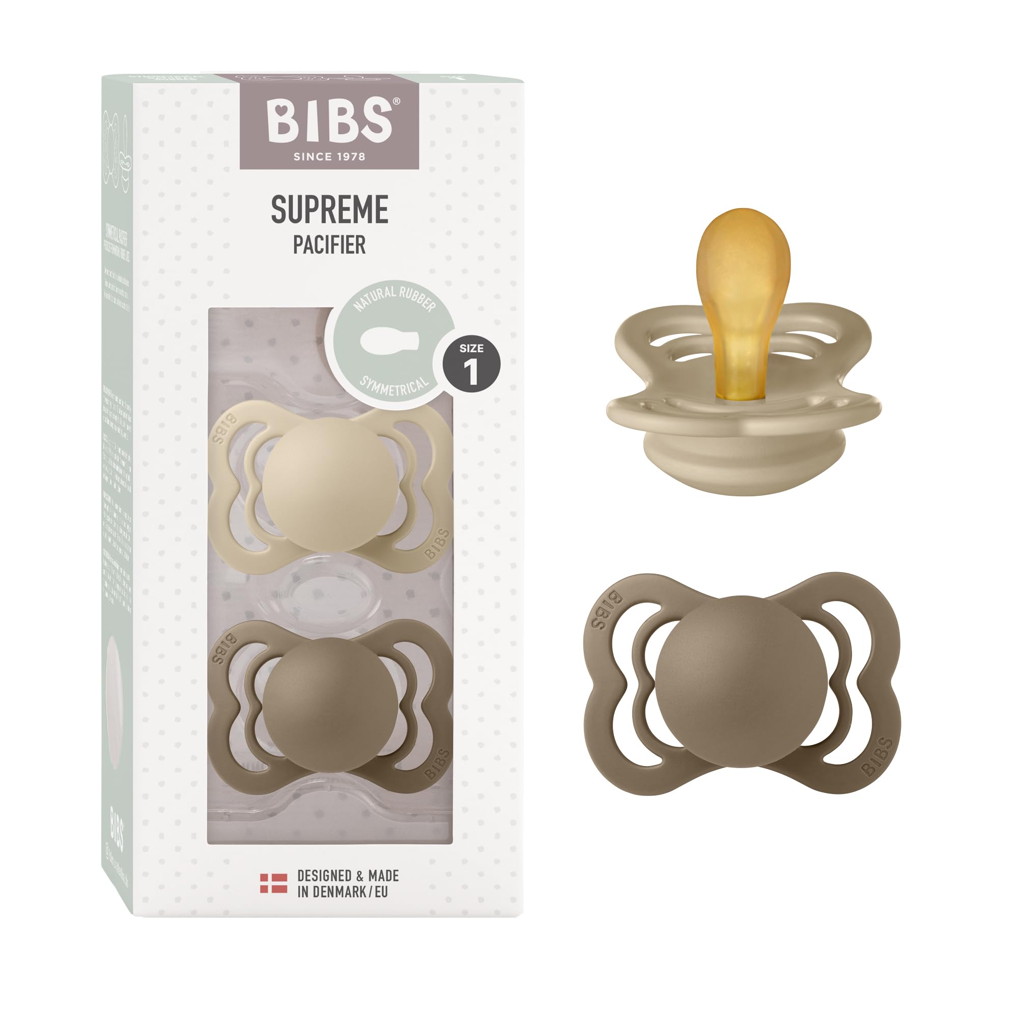 BIBS Supreme Soother 2-Pack, BPA Free Dummy Pacifier, Symmetrical Nipple. Natural Rubber Latex, Size 1 (0-6 Months), Vanilla/Dark Oak