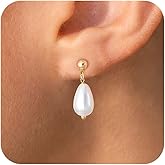 VRIUA Pearl Earrings for Women - 14K Gold Plated Dainty Pearl Dangle Earrings Small Huggie Hoop Drop Earrings for Women Trendy Gold Wedding Bridal Earrings for Women