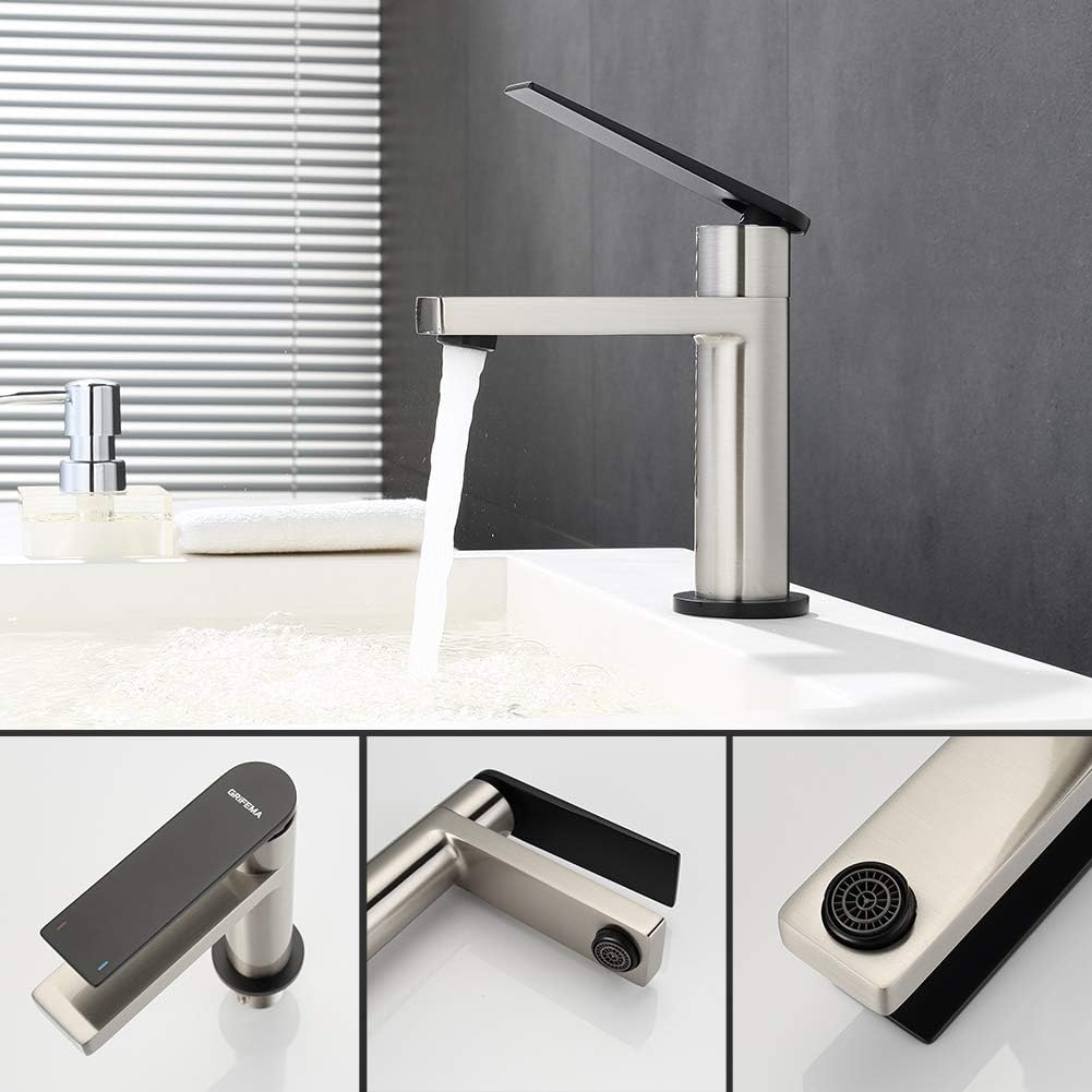 GRIFEMA LYON-G11101A Eco Bathroom Basin Mixer Tap with Water-Saving Function Aerator, 3/8 Inch Hose, Nickel Brushed/Black - Image 4
