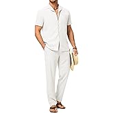 Dokotoo Men Men's Beach Outfit 2 Piece Casual Button Down Shirt Short Sleeve Loose Shirts and Pants Vacation Sets for Men