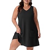 OLRIK Women's Plus Size Summer Dresses Casual V Neck Sleeveless Tank Dress with Pockets A-Line Swing Sundresses