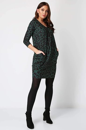 Green leopard print style jumper tunic dress midi pokets