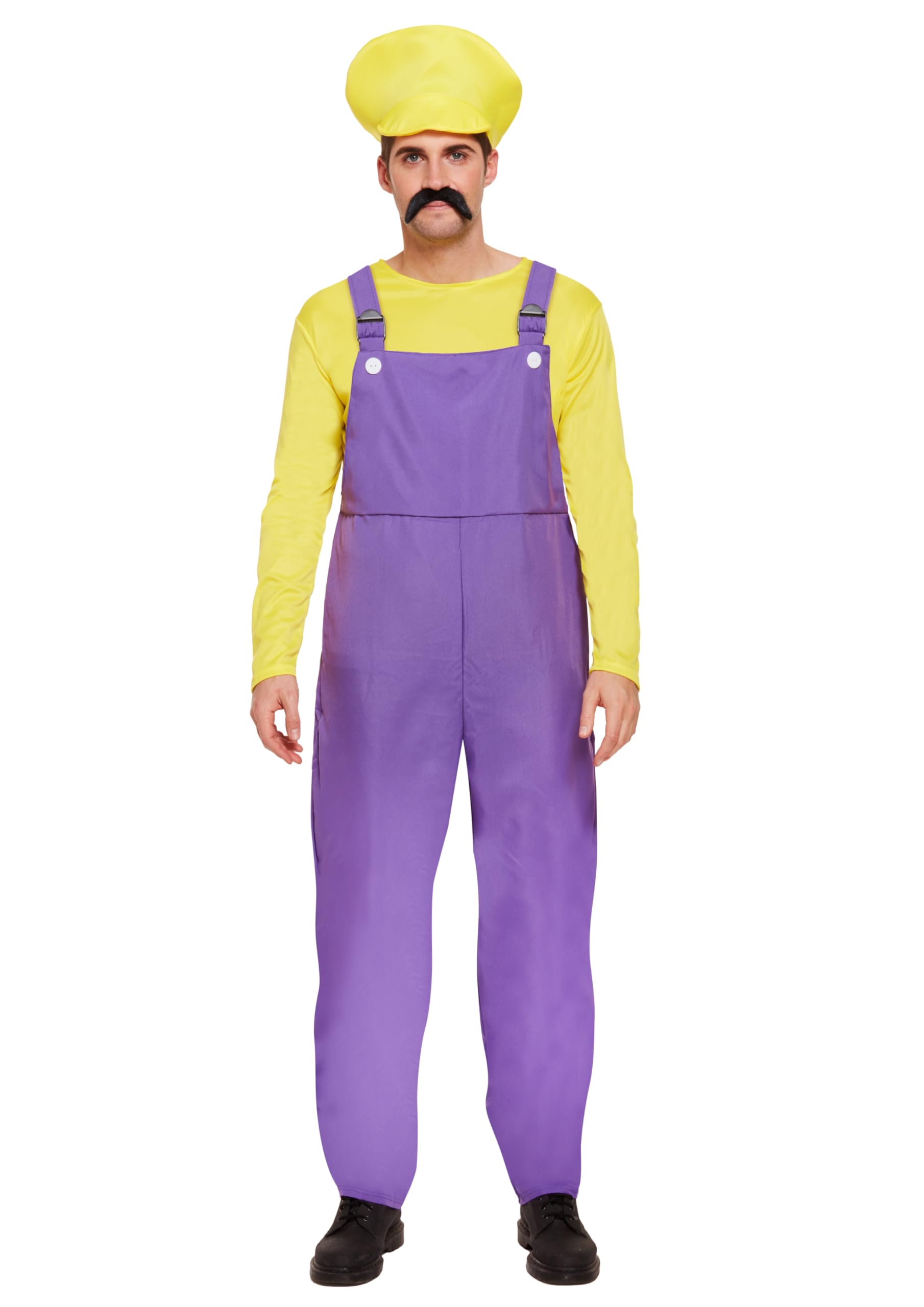 HENBRANDT Adult Men’s Yellow Bad Plumber Fancy Dress Costume XL Retro 1980s Videogame Yellow + Purple Overalls Moustache Brothers Workman Dress Up Outfit One Size Extra Large