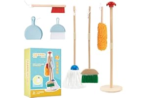 CAPAKIDS Kids Cleaning Toy Set, Wooden Toddler Cleaning Set Including Broom Mop Duster Dustpan 2 Brushes and Stand, Sturdy Actual Kids Cleaning Set in Pretend Play as Gifts for Children Age 3+