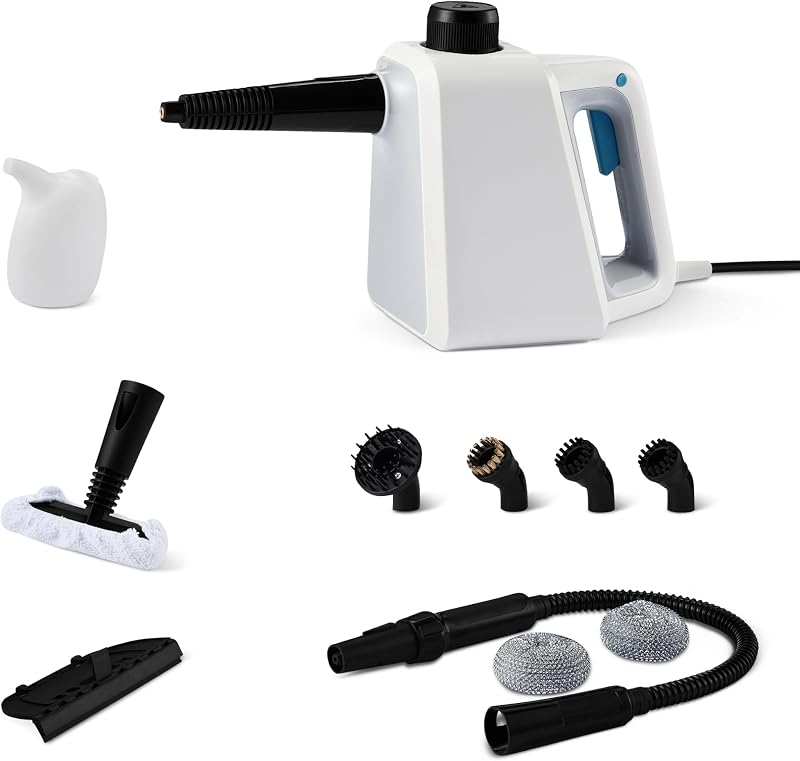 Nettoyeur à Vapeur Portatif pour la Maison avec 9 Accessoires, Puissant Jet de Vapeur de 1 000W, Réservoir de 250ml, Blanc